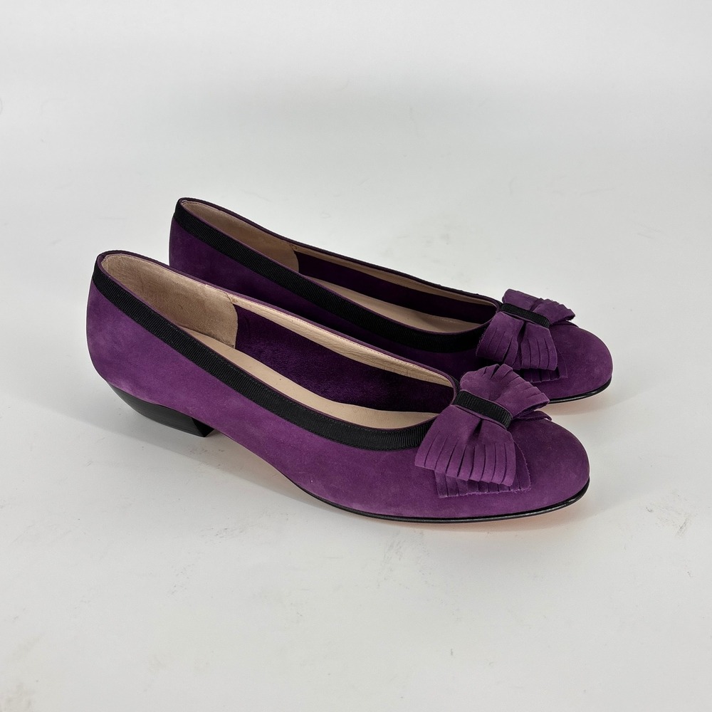 Salvatore Ferragamo Fringe Bow Suede Pump Plum Purple Women Size 7 Low Heel Chic